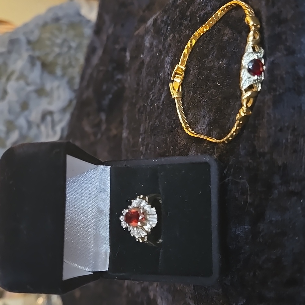 Vintage style, Gold tone, CZ look, faux garnet halo Ring & Bracelet duo